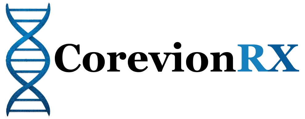 CorevionRX logo featuring bold text and blue DNA helix symbol representing biotech and research