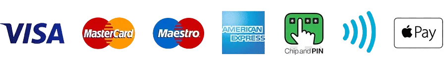 Accepted payment methods including Visa, MasterCard, Apple Pay