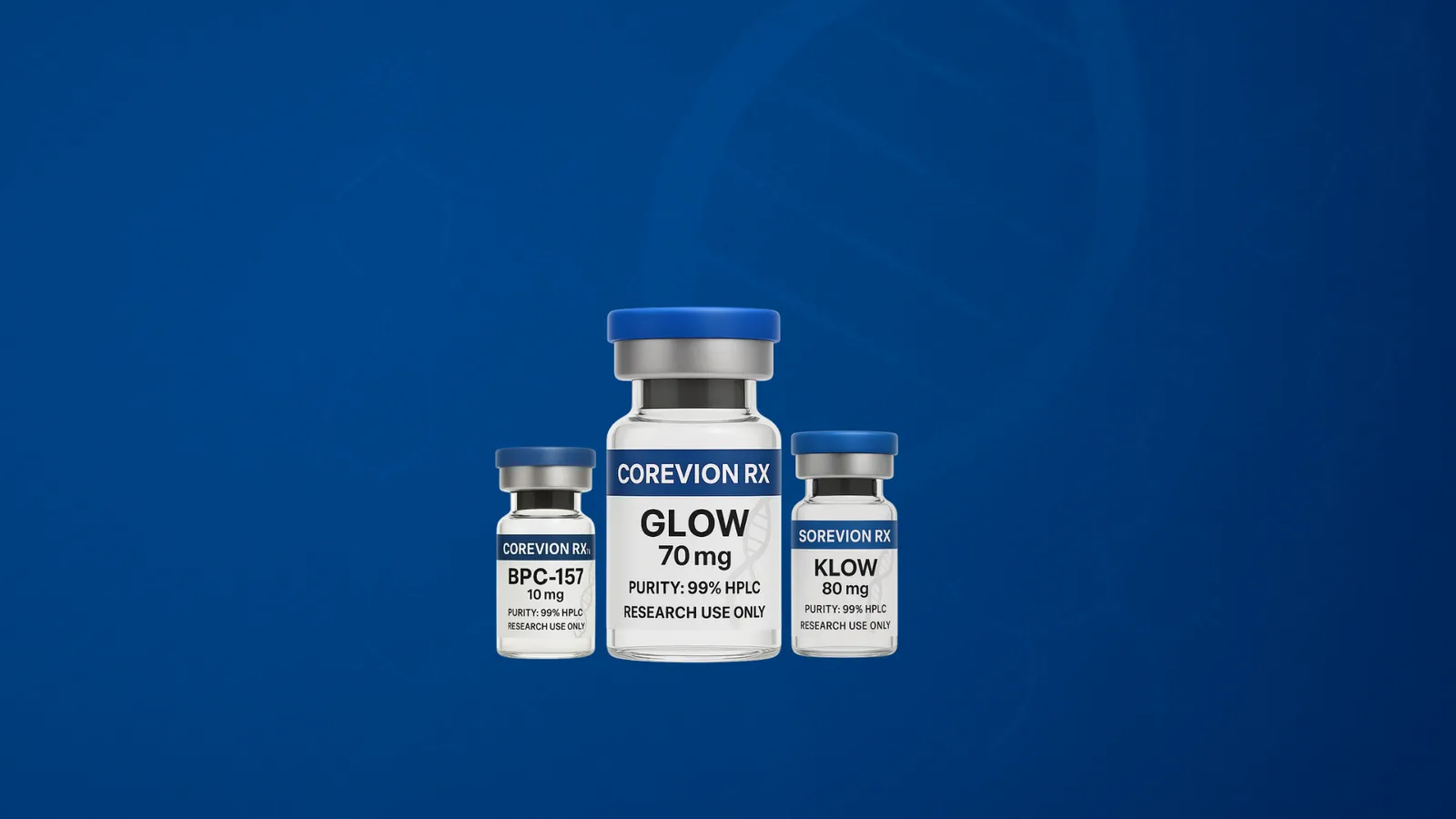 Three research vials labeled BPC-157, GLOW, and KLOW from COREVION RX and SOREVION RX with 99% purity